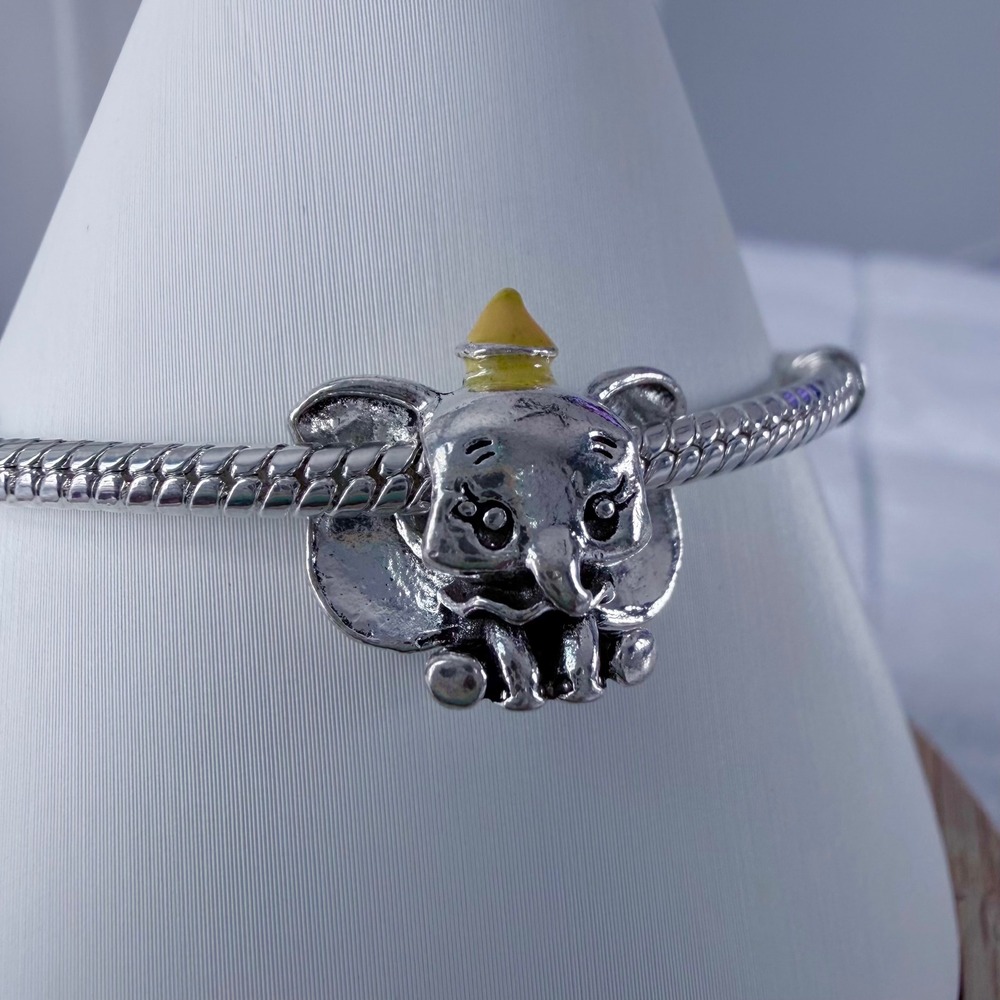 Silver Elephant Bead Charm Fits Snake Chain Bracelet Yellow Hat Animal Jewelry - Picture 5 of 10
